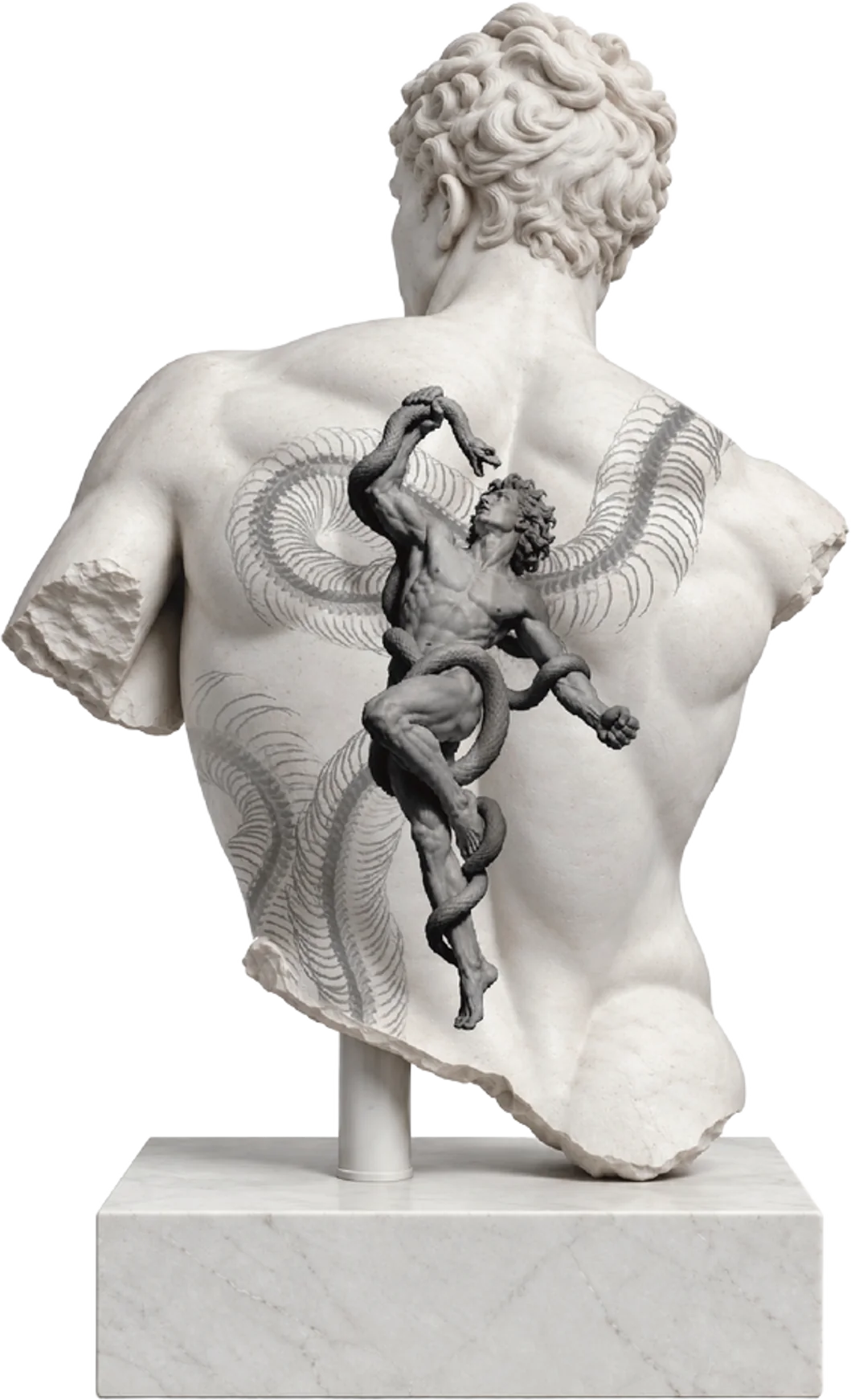 Back of a white marble bust on a plinth, tattooed with a dark figure wrestling a snake, framed by two coiling serpent spines