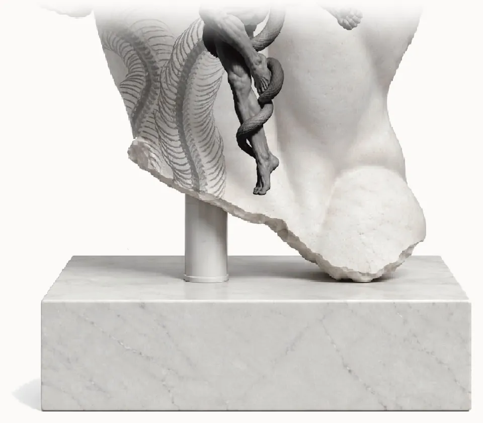 Fragment of a white marble torso engraved with serpent vertebrae, a small dark figure entwined by a snake climbing across it, mounted on a marble plinth