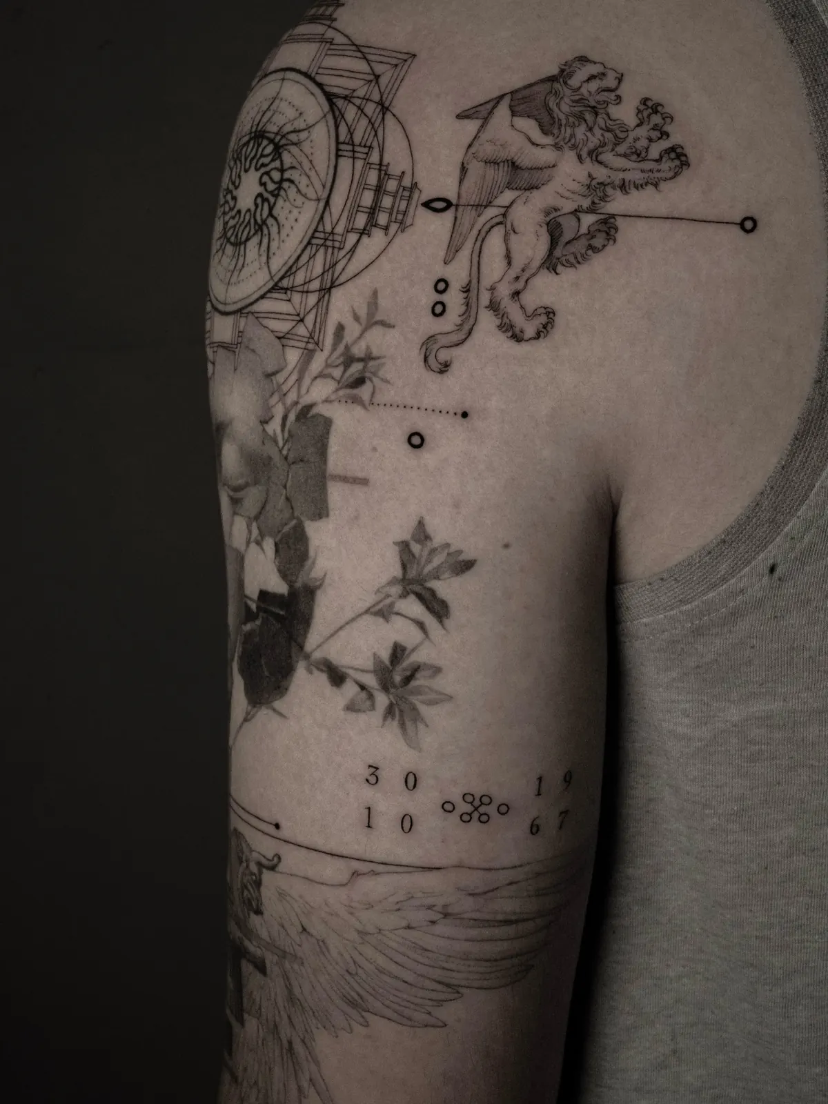 Mandala & Muse (detail) — tattoo by Ted Faulmann