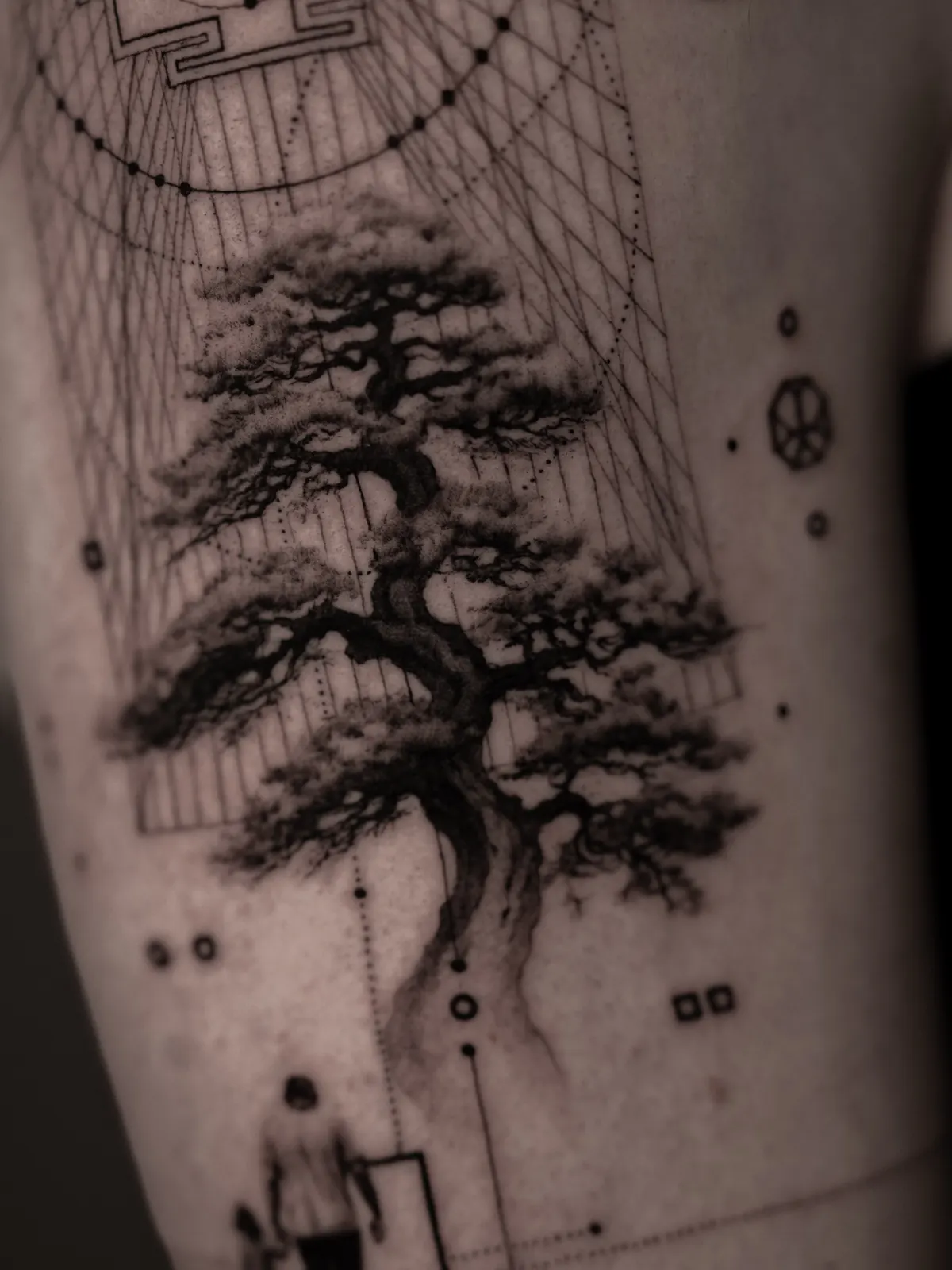 Bonsai & Yantra (detail) — tattoo by Ted Faulmann