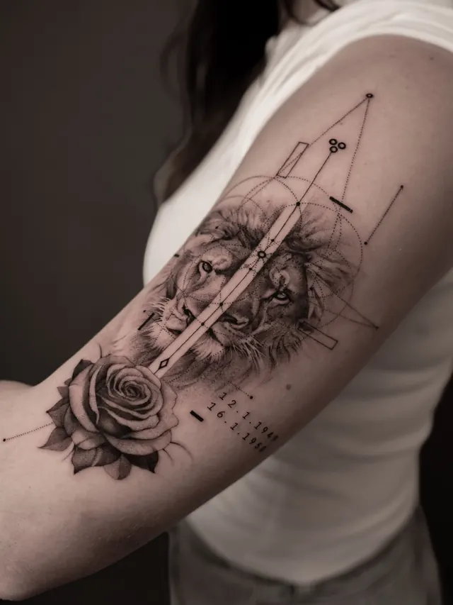 Lion & Rose — tattoo by Ted Faulmann on Instagram