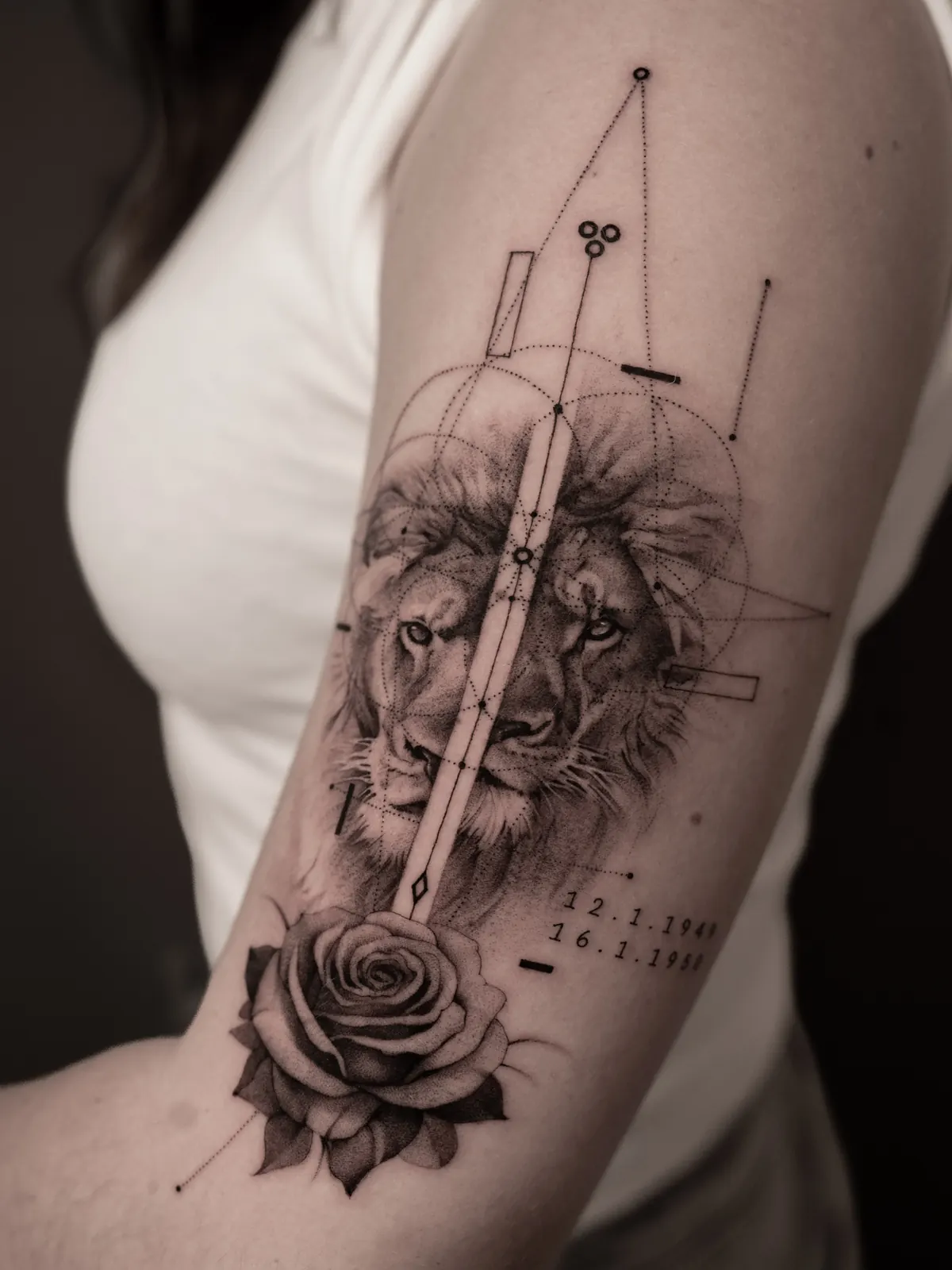Lion & Rose (detail) — tattoo by Ted Faulmann