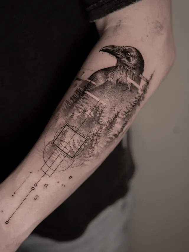 Raven & Forest — tattoo by Ted Faulmann on Instagram