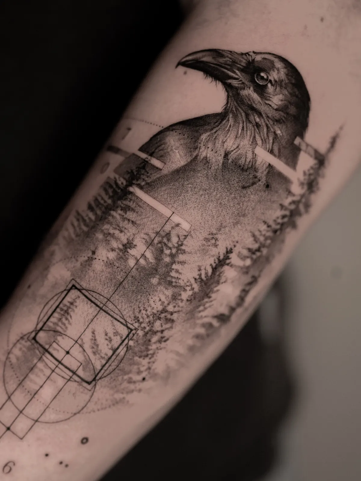 Raven & Forest (detail) — tattoo by Ted Faulmann
